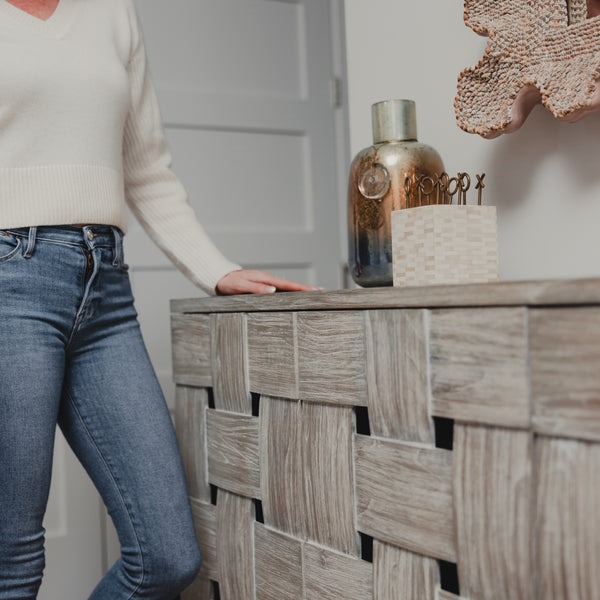 Wooden Weave 4-Door Credenza, Soft Close Doors angle view